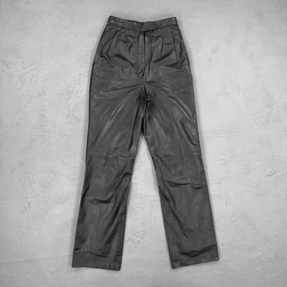 Vintage West Bay Black Leather Pleated Straight Leg Pants Fit 24 x 30